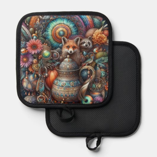 Boho Fox Raccoon Floral Design Topflappen (Vorderseite/Rückseite)