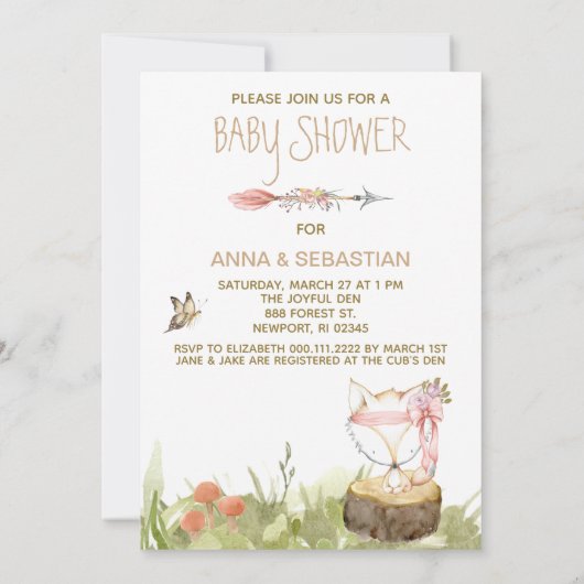 *~* Boho Fox Wald Feathers Arrow Einladung (Rückseite)