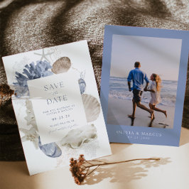 Boho Frame Beach Muschel Dusty Blue Foto Wedding Save The Date