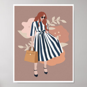 Boho-Frau Blaugestreiftes Kleid Florale Modekunst Poster