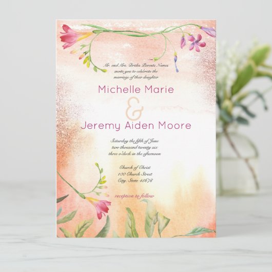 Boho Freesia Pink Pop Wedding Einladung (Stehend Vorderseite)