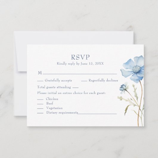 Boho French Blue Wildblumen Wedding RSVP Card Dankeskarte (Vorderseite)