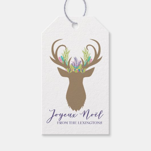 Boho French Christmas Reindeer Joyeaux Weihnachten Geschenkanhänger (Vorderseite)