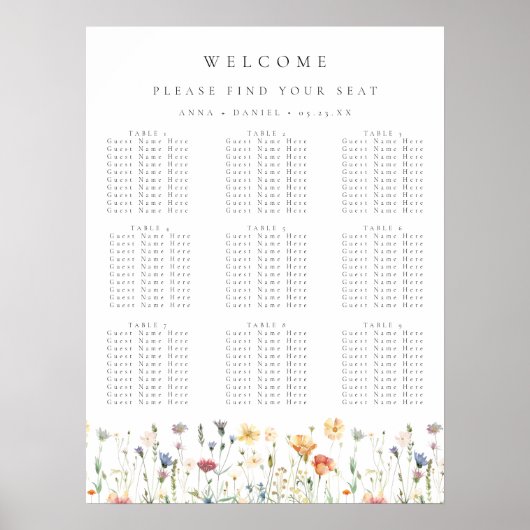 Boho-Frühjahrs-Wildblumen-Hochzeit-Sitzplan Poster (Vorne)