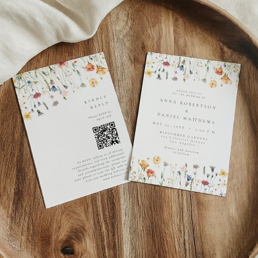 Boho-Frühjahrs-Wildblumen-QR-Code-Hochzeit Einladung