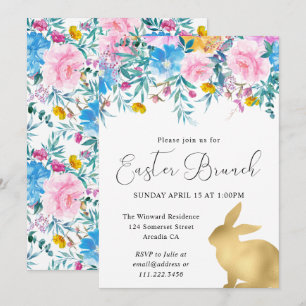 Boho Frühlingsblumen und goldene Osterhasen Osterb Einladung