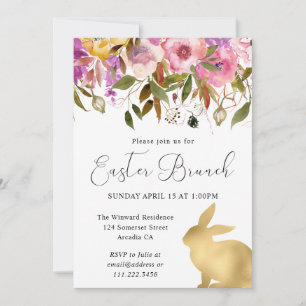 Boho Frühlingsblumen und goldene Osterhasen Osterb Einladung