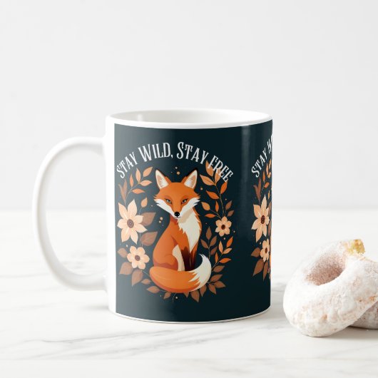 Boho Fuchs "Bleib wild, bleib frei" Wald Dunkel Kaffeetasse (Mit Donut)