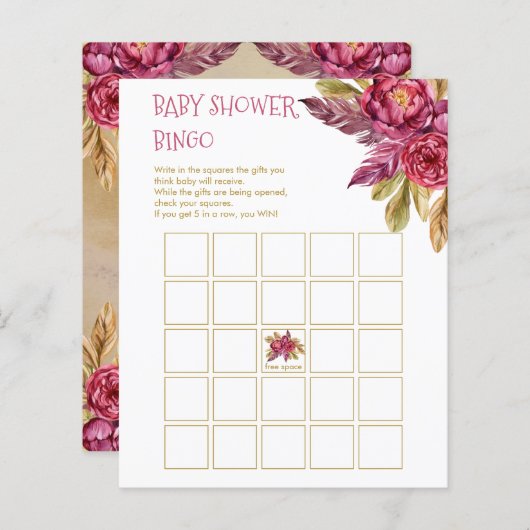 Boho Fuchsia Peony Blooms Baby Shower Bingo Card (Vorne/Hinten)
