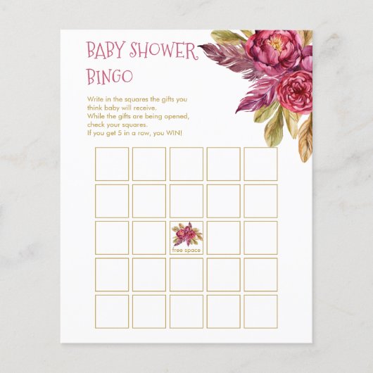 Boho Fuchsia Peony Blooms Baby Shower Bingo Card (Vorderseite)