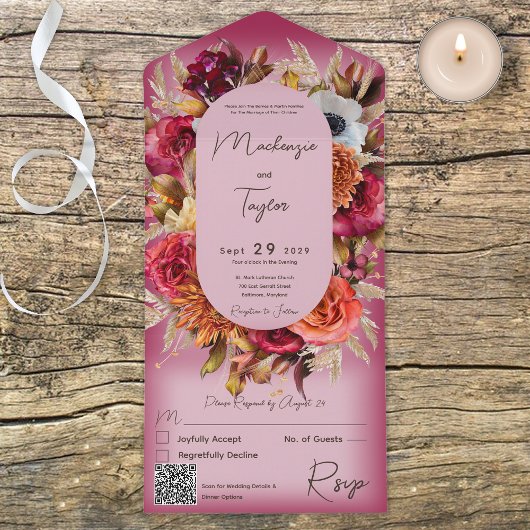 Boho Fuchsia Pink Modern Floral Wreath QR Code All In One Einladung