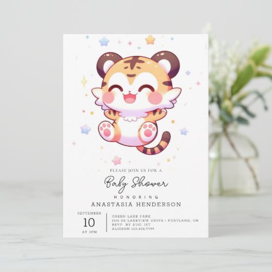 Boho Fun Tiger Baby Dusche Einladung (Stehend Vorderseite)