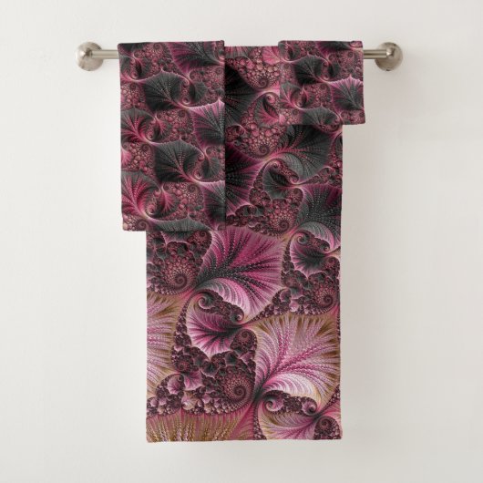 Boho Funky Eclectic Pink Black Abstrakt Fraktal Badhandtuch Set (Insitu)