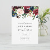 Boho Garden Burgundy Blue Hochzeit im Herbst Einladung (Stehend Vorderseite)