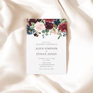 Boho Garden Burgundy Blue Hochzeit im Herbst Einladung