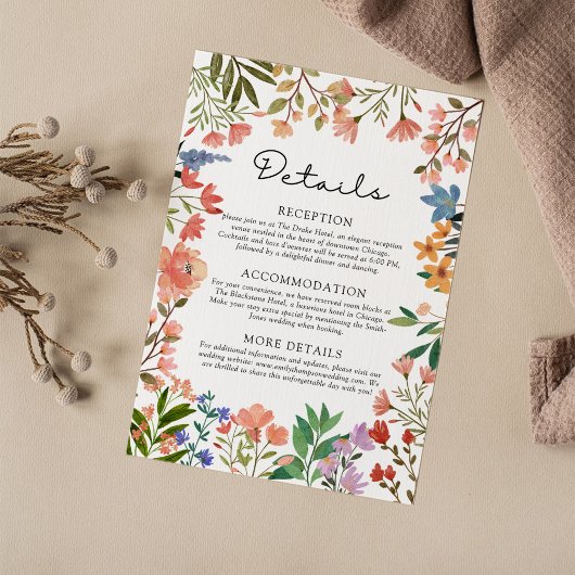 Boho Garden of Wildblumen Hochzeitdetails Begleitkarte