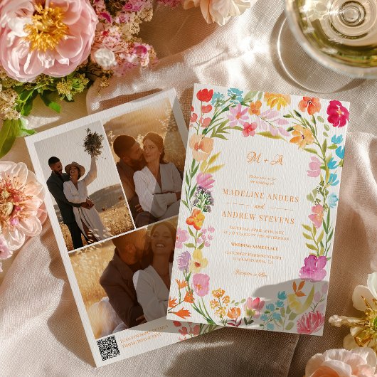Boho Garden Summer Floral Photo QR Wedding Einladung