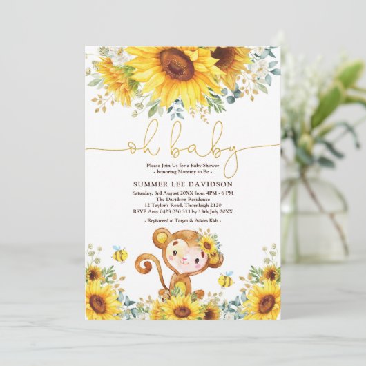 Boho Garden Sunflowers Jungle Monkey Baby Dusche Einladung (Stehend Vorderseite)