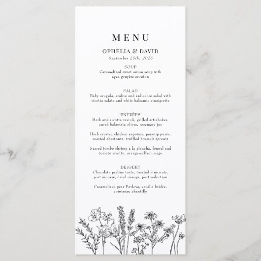 Boho Garden Wildblume Wedding Reception Menu Menükarte (Vorderseite)