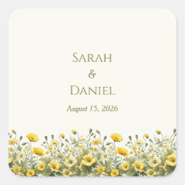 Boho Gelbe Wildblumen, Olivenöl Individuelle Name Quadratischer Aufkleber