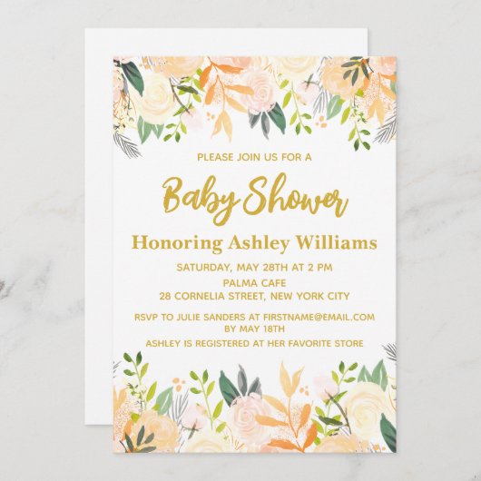 Boho Gender Neutral Baby Shower White Gold Floral Einladung (Vorne/Hinten)