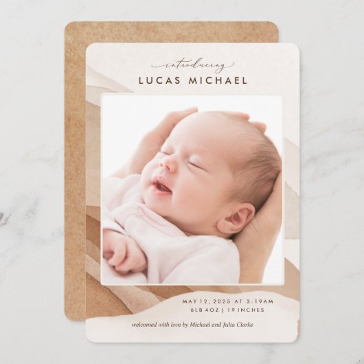 Boho Gender Neutral Beige Watercolor Ankündigung (Vorne/Hinten)