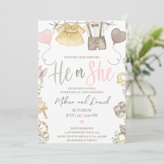 Boho Gender Reveal Girl or Boy He or she Einladung (Stehend Vorderseite)