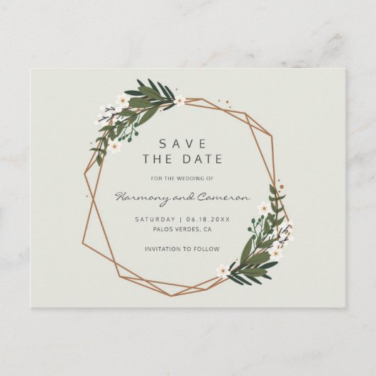 Boho Geometric Gold Frame Greenery Save the Date Ankündigungspostkarte (Vorderseite)