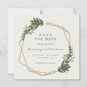 Boho Geometric Gold Frame Greenery Save the Date Magneteinladung (Vorderseite)