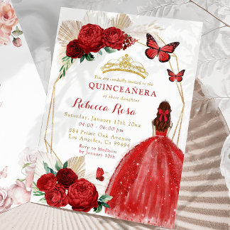 Boho Geometric Gold und Rote Rosen Quinceañera Einladung