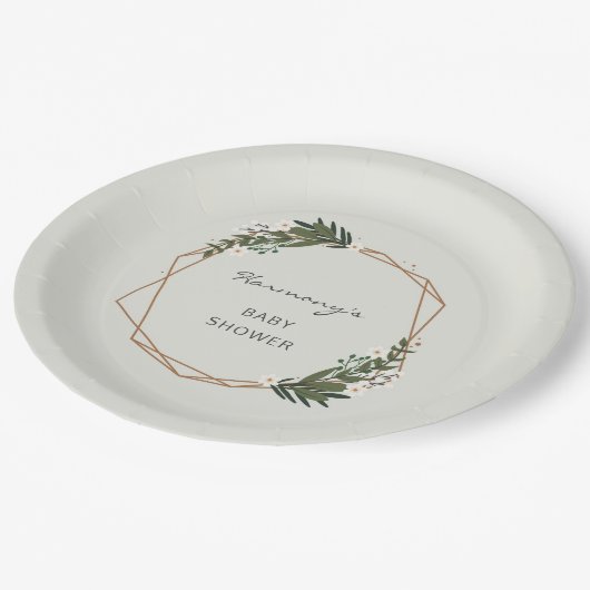 Boho Geometric Greenery Gender Neutral Baby Dusche Pappteller (Schrägansicht)
