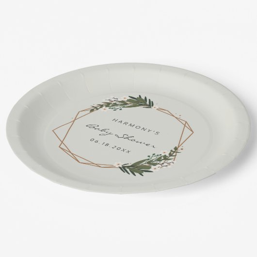 Boho Geometric Greenery Gender Neutral Baby Dusche Pappteller (Schrägansicht)