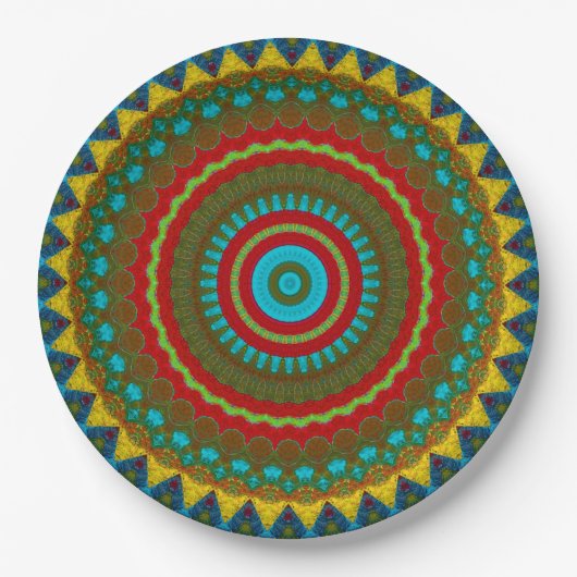 Boho Geometric Red Yellow Aquamarine Coole Ethnic  Pappteller (Vorderseite)