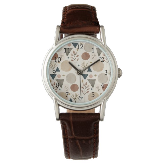 Boho-geometrisches botanisches Musterdesign 385 Armbanduhr (Vorderseite)