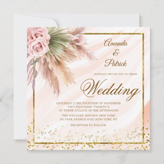 Boho Gerahmt Gold Foil Pampas Grass Wedding Einladung (Vorderseite)