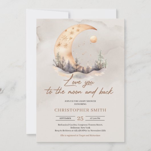 Boho geschlechtsneutrale Kupfer-Salbei-Mond und Rü Einladung (Vorderseite)