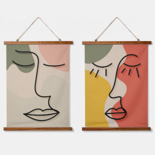 Boho-Gesicht Gesichtsform abstrakt gedämpfte Töne  Wandteppich Mit Holzrahmen