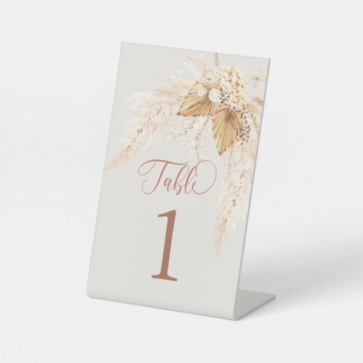 Boho-getrocknete Blume und Pampas-Gras-Tischnummer Sockelschild (Vorderseite)