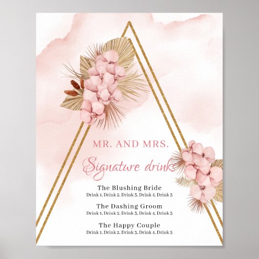 Boho getrocknete Palm-Blätter Rosa Signature Drink Poster (Vorne)