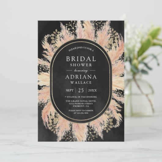 Boho getrocknete Pampas Grass Oval Black Brautpart Einladung (Stehend Vorderseite)