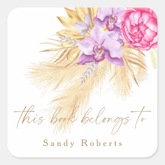 Boho getrocknete Pampasgras - dieses Buch gehört Quadratischer Aufkleber (Vorderseite)