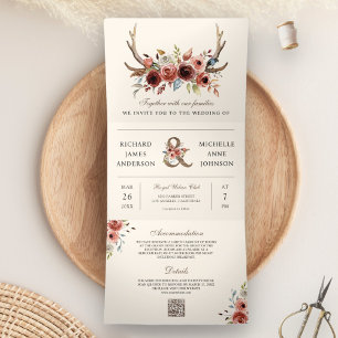 Boho Geweih Terrakotta Blumen QR-Code Hochzeit Dreifach Gefaltete Einladung