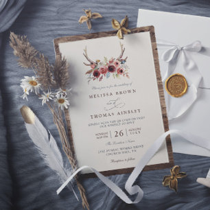 Boho Geweih Terrakotta Blumen QR-Code Hochzeit Einladung