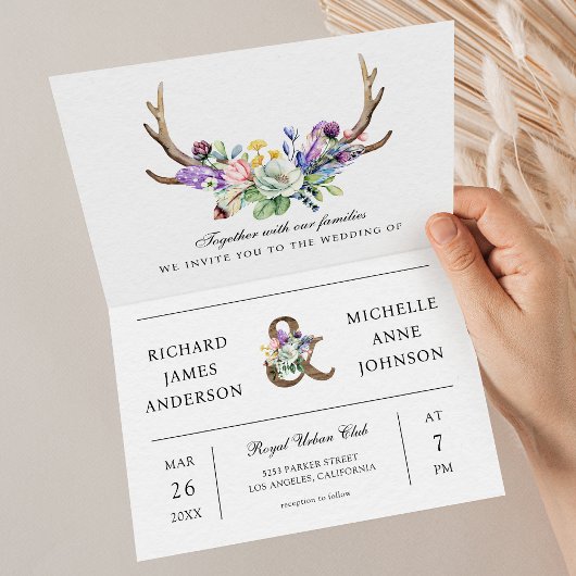 Boho Geweih Wildblumen Blumen QR-Code Hochzeit Einladung