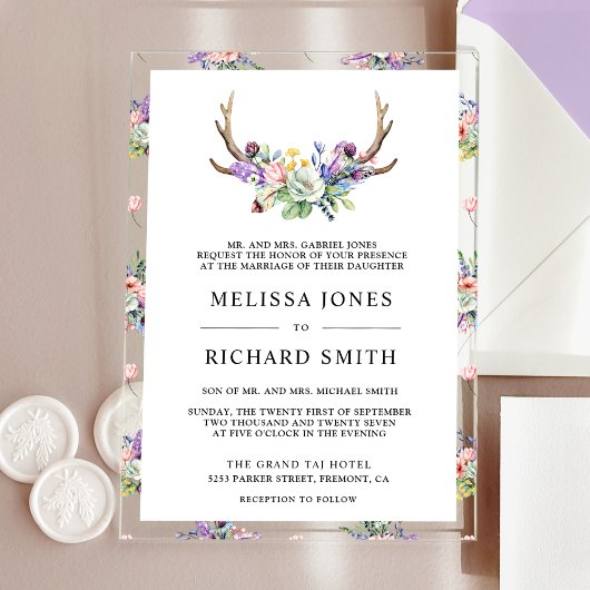 Boho-Geweih-Wildblumen-Hochzeit Acryleinladungen