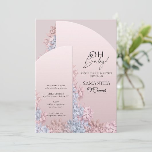 Boho gewölbte Rahmen Pulver rosa Hyazinthen oh Bab Einladung (Stehend Vorderseite)