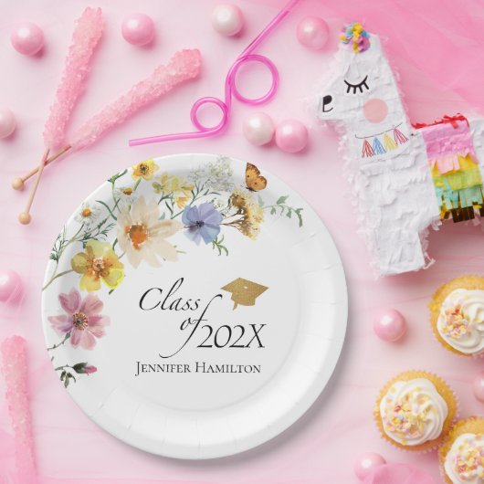 Boho Gilded Wildblume Bouquet Class of Abschluss Pappteller (Party)