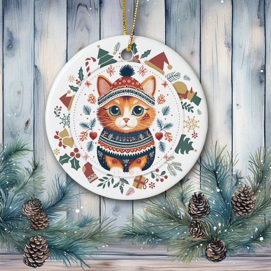 Boho Ginger Cat im Aquamarinen Winter Sweater Weih Keramik Ornament