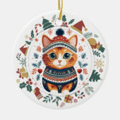 Boho Ginger Cat im Aquamarinen Winter Sweater Weih Keramik Ornament (Vorne)