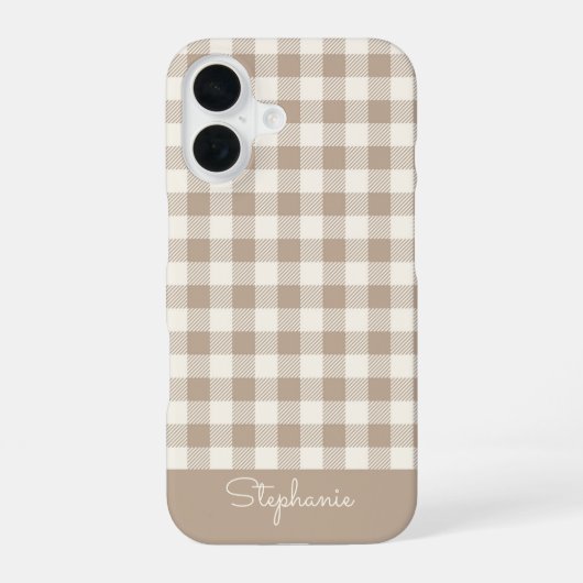 Boho-Gingham-Muster Karo neutral Name iPhone 16 Hülle (Rückseite)